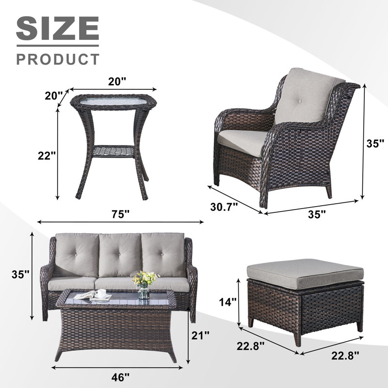 Bonia Wicker 5 - Person Patio Conversation Set with Cushions, Brown Frame/Gray Cushion 