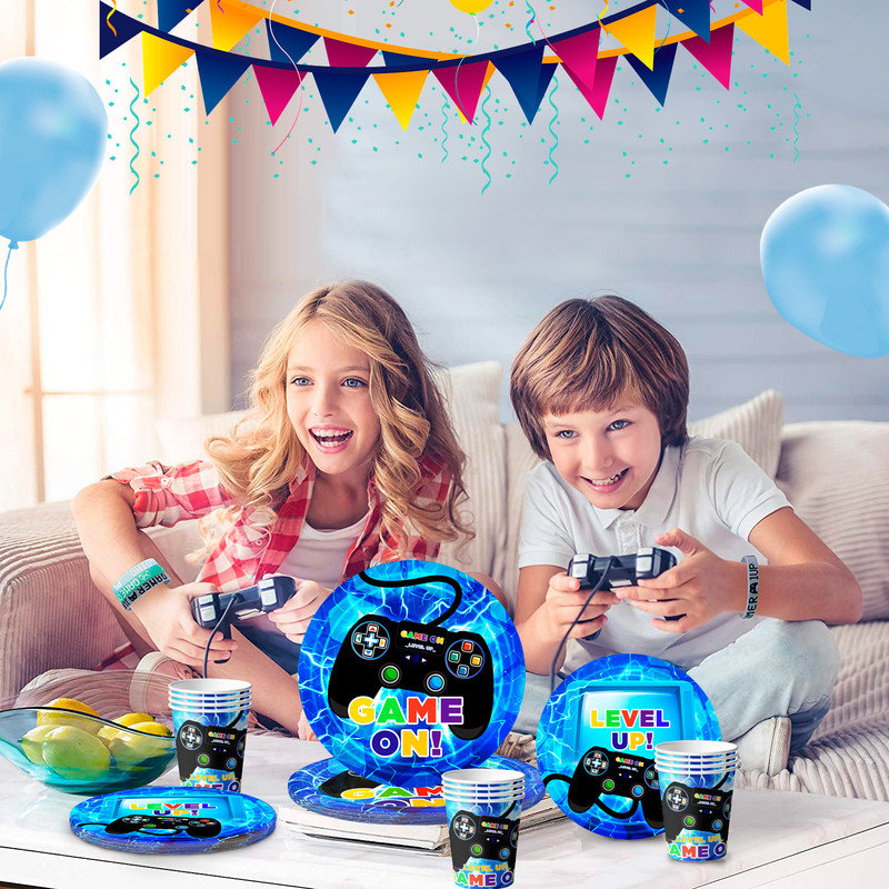 Gamer Birthday Decorations Blue, 65pcs Gaming Party Tableware Set,Serves 16