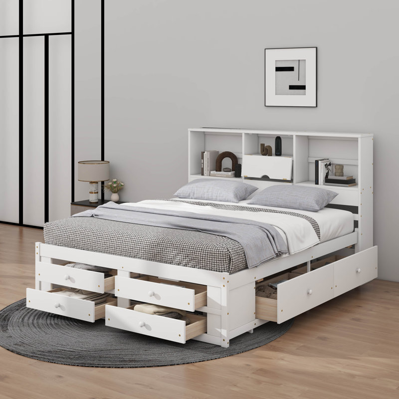 Très grand lit plateforme avec tête de lit et tiroirs, Blanc, Très grand lit