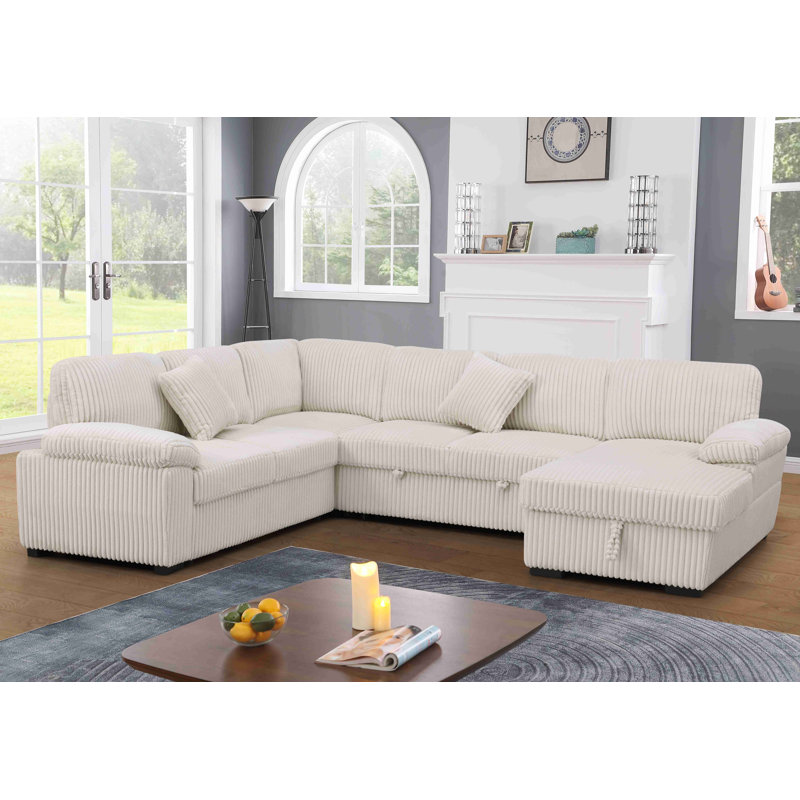 L-Shaped Sectional Sofa Bed Pull Out Sleeper Couch With Storage Chaise, Beige Corduroy