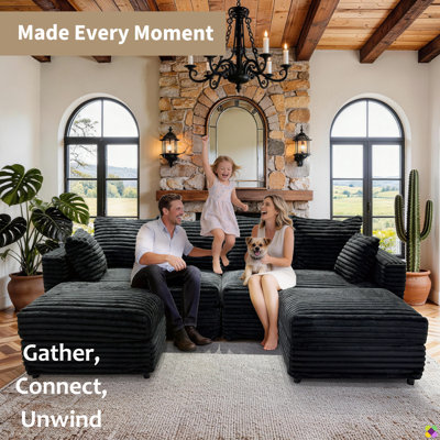 Anneisha 102.4"W Corduroy Convertible Modular 4 Seater U-shape Sectional, Chaise Lounge, 2 Ottomans