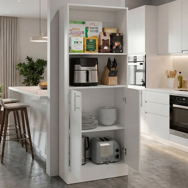 Garde-manger polyvalent avec 2 tablettes supérieures ouvertes et une armoire à deux portes avec rangement intérieur
