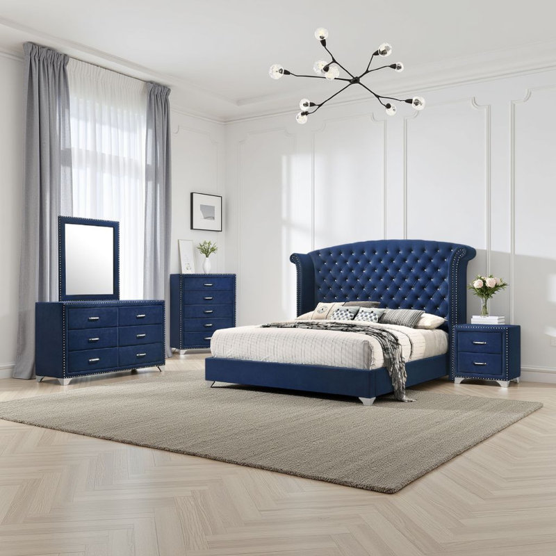 Ensemble de chambre à coucher 5 pièces Giya, Bleu pacifique, chrome, King
