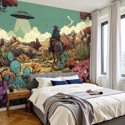 Peel and Stick papier peint encadré rétro Intergalactic Western UFO enlevant Cowboy murales murales du désert H 100 "x l 144" papier amovible PVC auto-adhésif décoration murale pour chambre salon bureau à domicile