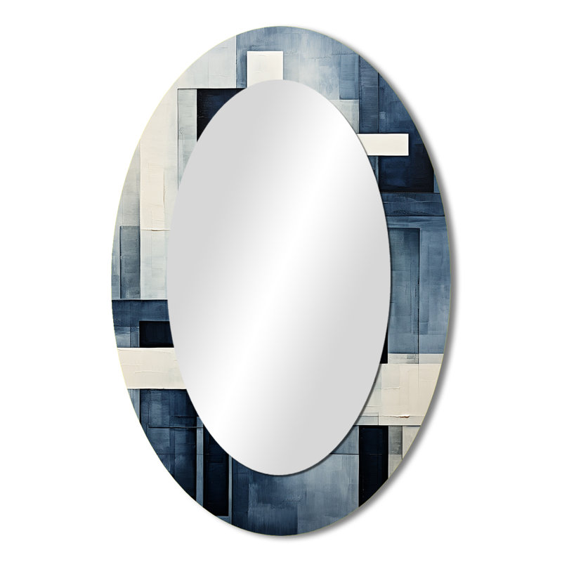 Indigo Illusion Abstract Shapes III - Abstract Oval Decorative Mirror On Metal, 36" x 24"