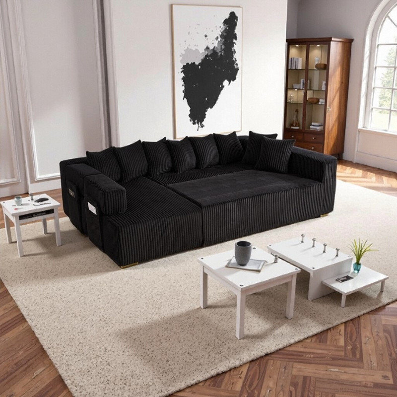 Canapé modulaire en U, canapé-lit convertible 5 places avec 8 coussins, Polyester noir