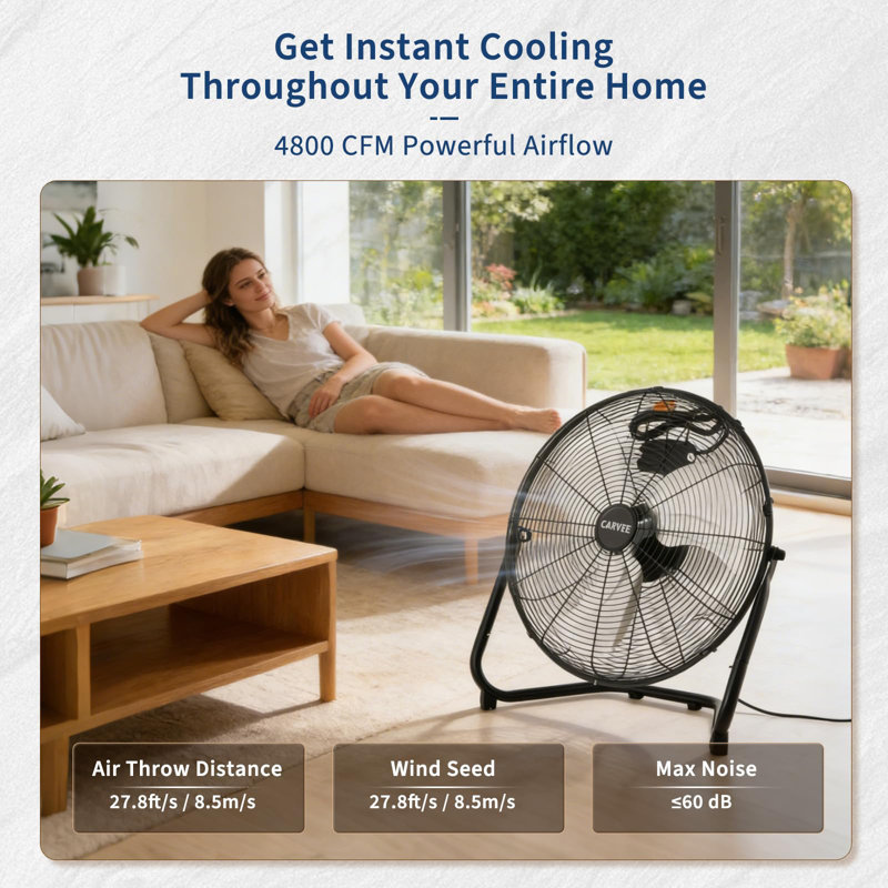 20 Inch High Velocity Floor Fan, 3-Speed 4800 CFM Heavy Duty Industrial Metal Fan, 360° Adjustable Tilt & Portable Carry Handle for Garage Workshop Home Cooling