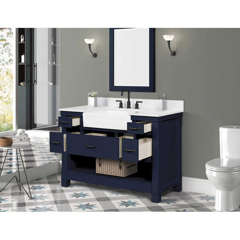 Meuble-lavabo simple 48 po Dilkhush avec comptoir en marbre naturel de Carrare de qualité supérieure, bleu marine, pré-assemblé