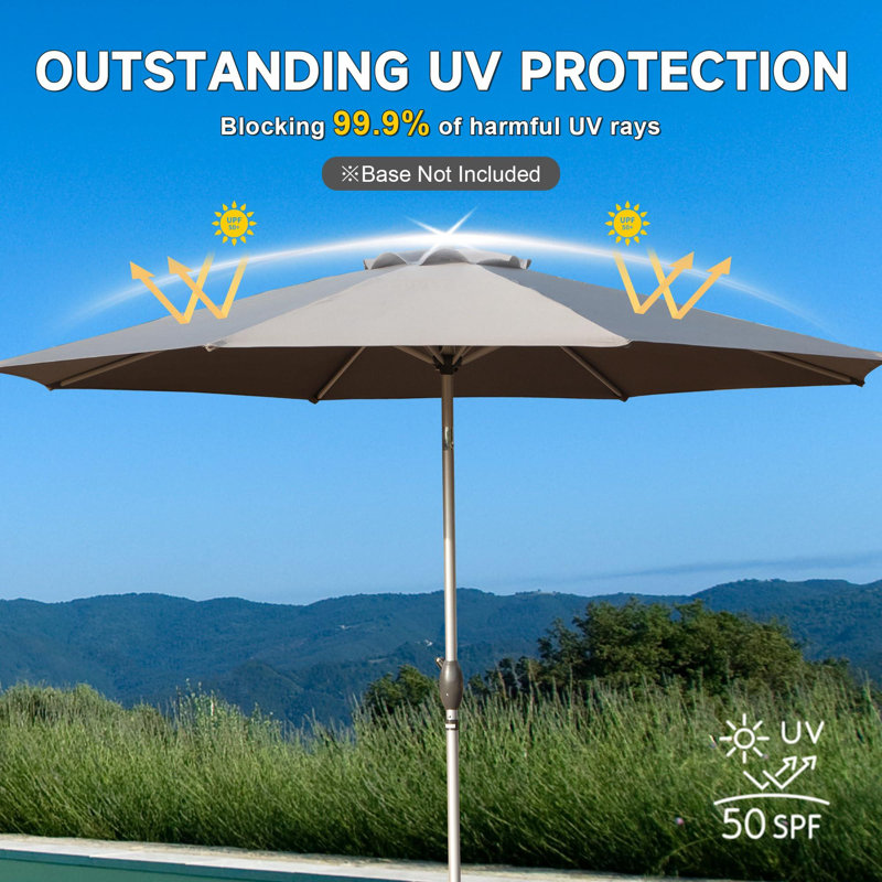 Parasol de patio de 9 pi avec bouton poussoir et protection contre les rayons UV, Gris