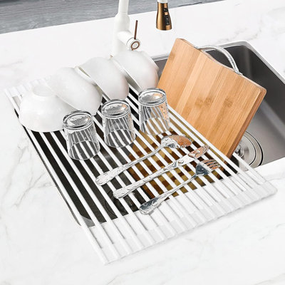 Silicone-Wrapped Foldable Dish Drying Rack, Heat-Resistant & Non-Slip Over The Sink Drainer, Multi-Purpose Kitchen Counter Mat And Trivet