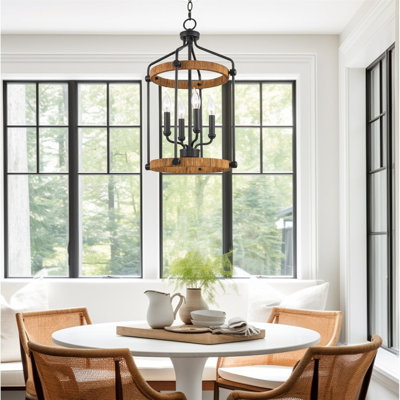 24" 4-Light Modern Farmhouse Lantern Pendant Light, Open Design, Rattan Accents + Black Finish