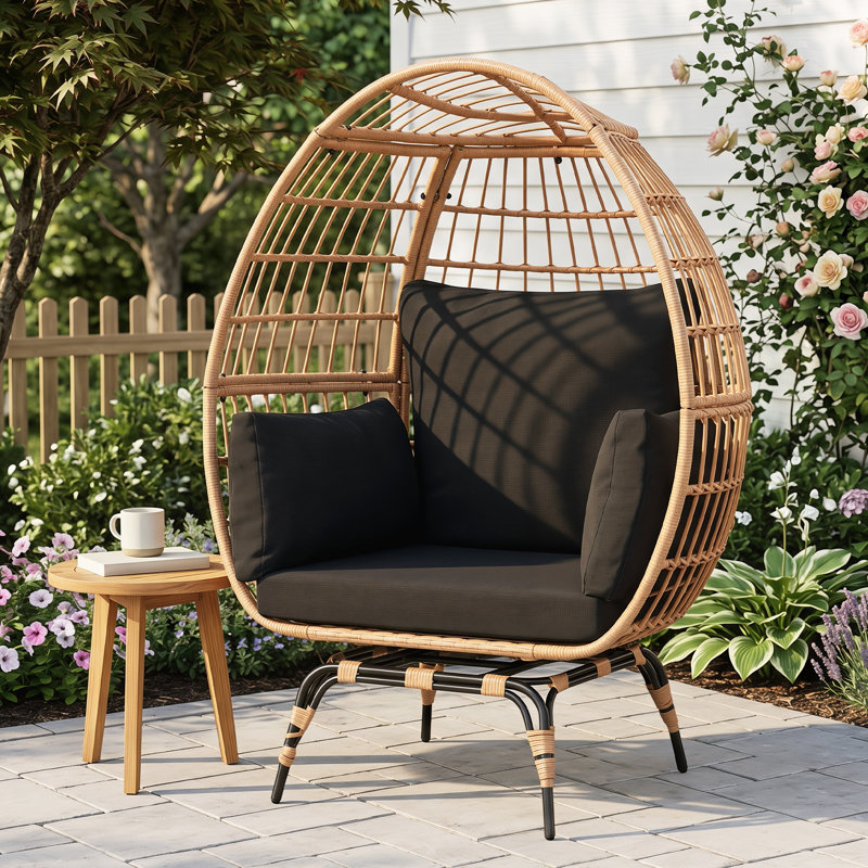 Très grand fauteuil pivotant à 360 °, rotin PEHD toutes saisons avec 4 coussins, capacité de 463 lb pour une utilisation intérieure / extérieure