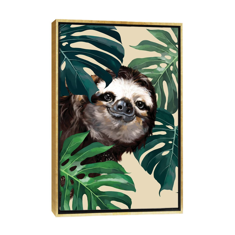 Sloth furtif avec monstera, H 26 po x l 18 po x P 1,5 po, Toile encadrée d'or