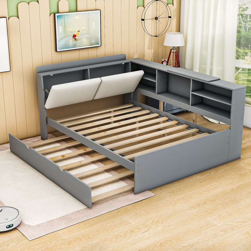 Lit plateforme double avec tablettes de rangement, lit gigogne et lattes, gris