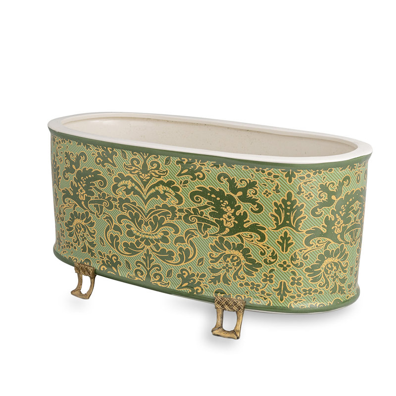 Richmond Damask Oval Planter, 8.5" H x 18" W x 8" D, Green