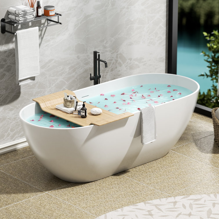 68.9"L x 29.5"W x 21.7"H Solid Surface Freestanding Oval Tub with Overflow and Drain
