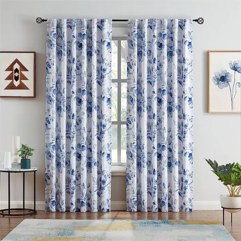 Blue Plant Pattern Blackout Window Curtain