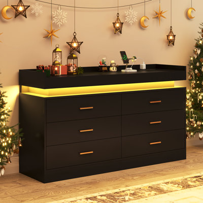 Kirthana 6-Drawer Dresser with LED Light & Charging Station - Black