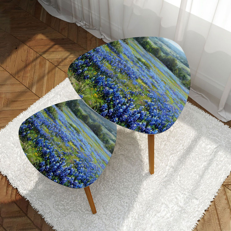 Ensemble de 2 tables basses gigognes triangulaires bleu bonnets texas bluebonnets