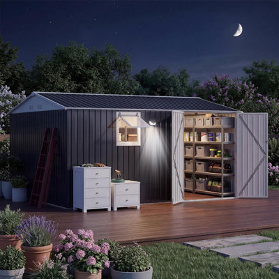 Remise de rangement extérieure 12 x 10 pi / 10 x 8 pi avec fenêtre à pousser - Remise de jardin en métal avec toit incliné, évent et portes verrouillables pour patio, garage, cour arrière, bord de piscine
