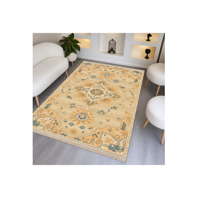 Tapis jaune tissé à envers lavable traditionnel Mosso