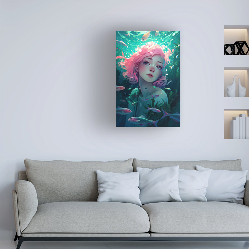 Art mural sur toile tendue - «Wumples '' - Fish Girl 4», art mural pour salon, chambre à coucher ou bureau - 16 x 24