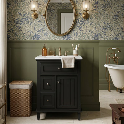 24" Modern Small Bathroom Vanity With Ceramic Sink, Solid Rubber Wood Frame Cabinet With Smart Flip-Down Drawer & 2 Side Drawers, Adjustable Shelf, Freestanding (White/Black/Blue-Gray/Green)