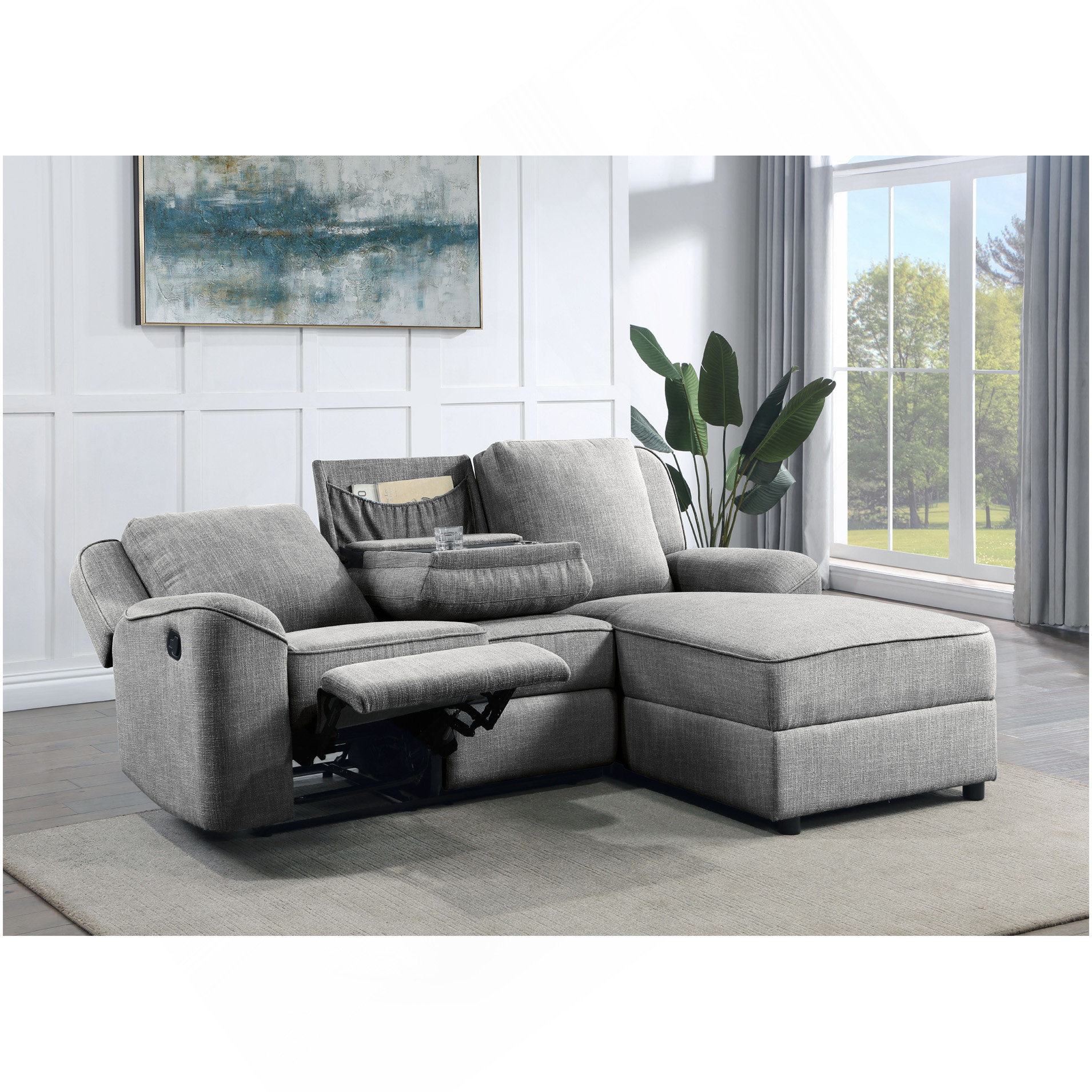 Latitude Run® Destiny Gray Linen Sectional Sofa With Dropdown Table ...