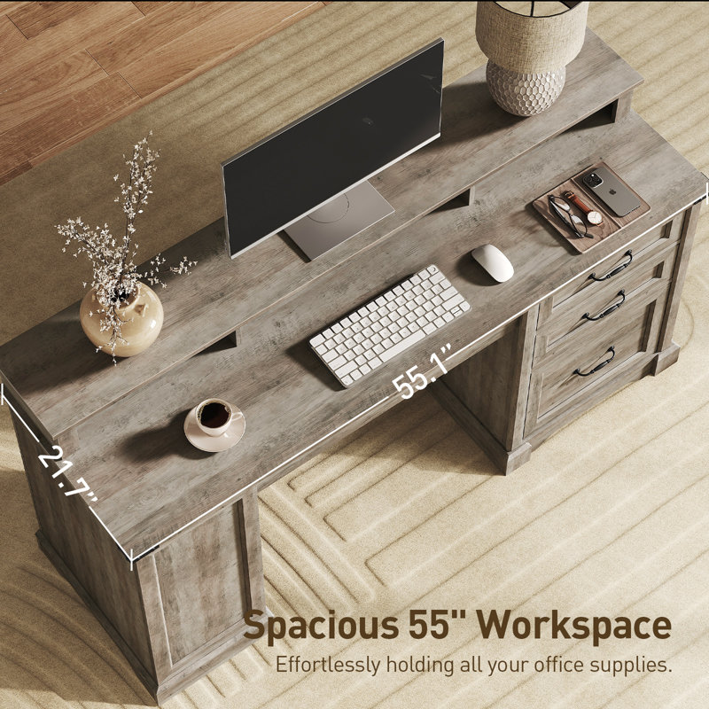 55.1" Farmhouse Executive Desk with Drawers, Computer Desk with File Cabinet and Side Bookshelf, Gray