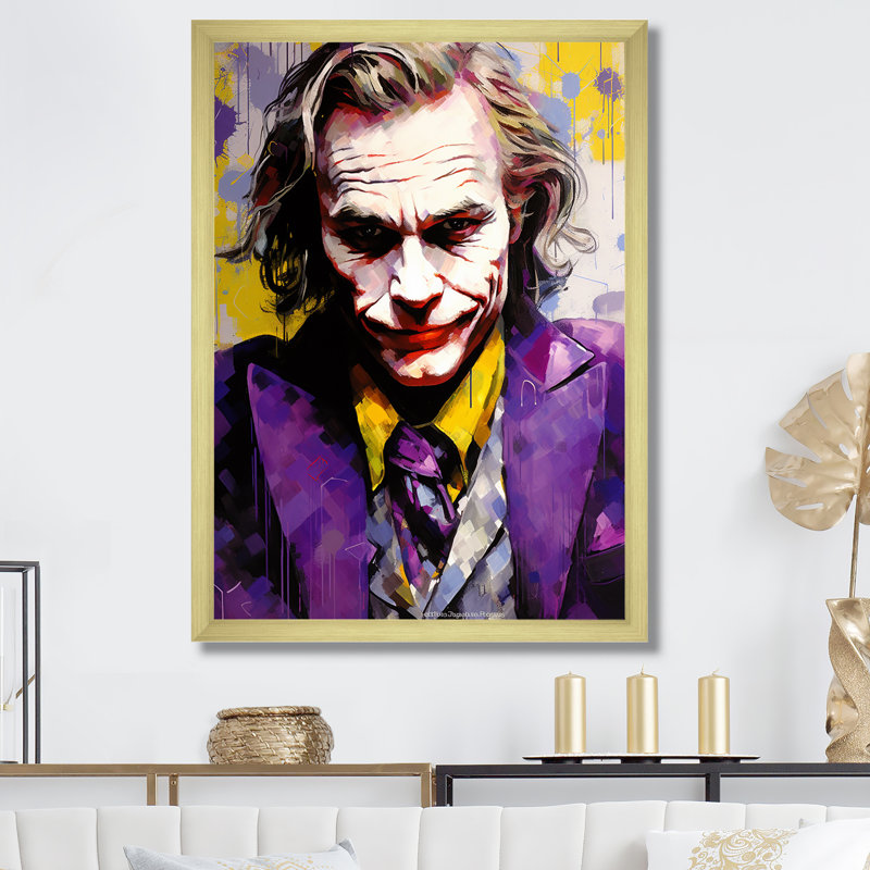 Lavande, Joker Popart Portrait - célébrité / art sur toile célèbre, H 40 po x l 30 po x P 1,5 po, Encadrement doré