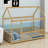 Wooden House Bed Featuring A Roof Frame And Safety Guardrail