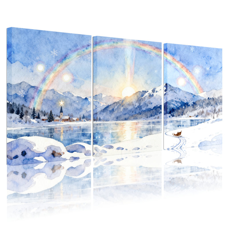 «Christmas Winter Landscape Rainbow Snowy Mountains Lake Reflection Sleigh Trail», ensemble de 3 impressions d'art sur toile