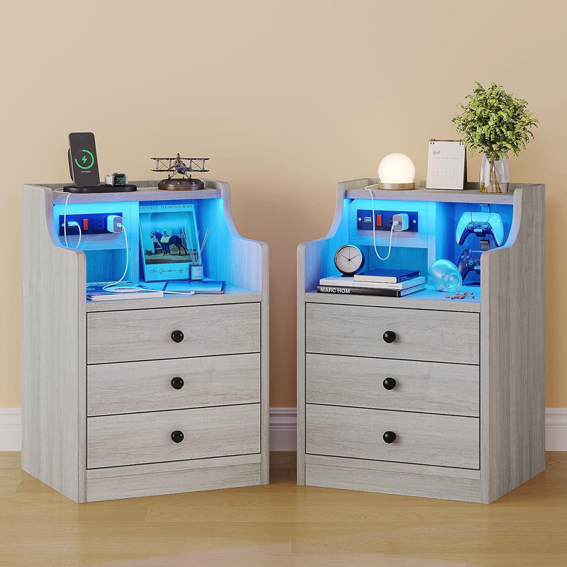 Nightstand Set Of 2 With Charging Station, Led Bedside Table With Drawers, Gray