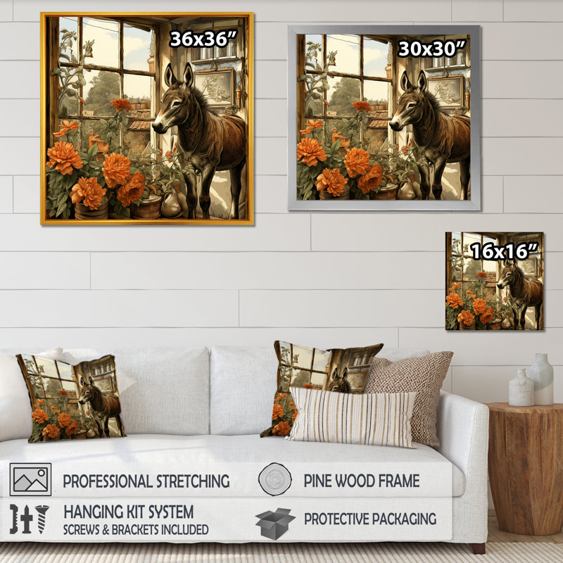 Ancienne ferme à dos rétro avec fleurs orange - art mural âne, Cadre doré simple, H 36 po x l 36 po x P 1,5 po
