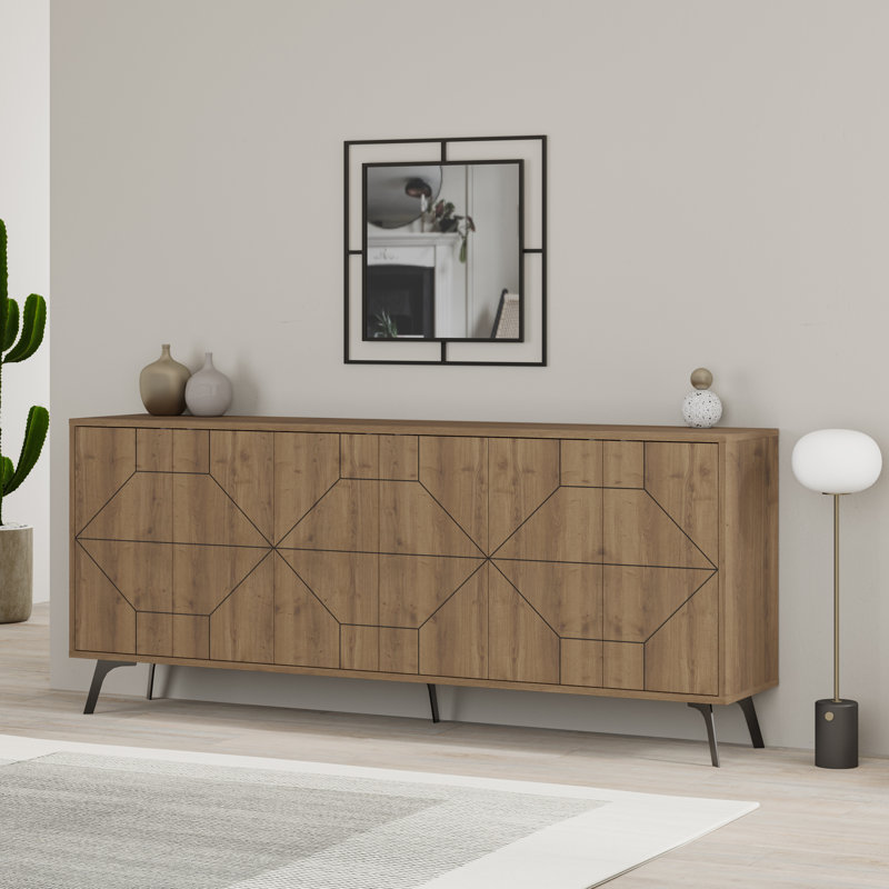 183cm Wide Modern Geometric Sideboard Storage with Push-to-open Doors, Dark Oak