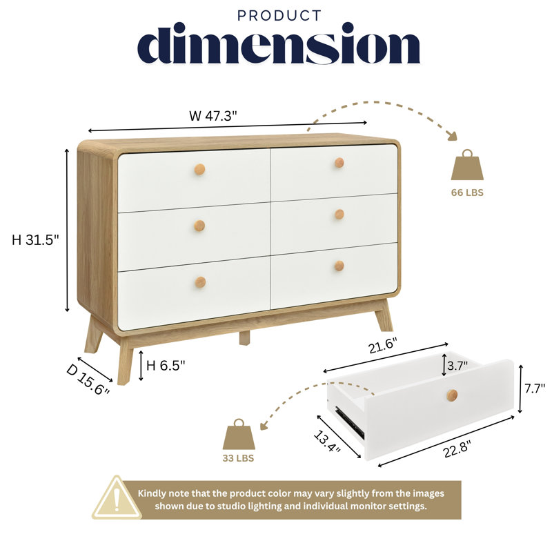 Aries 6 Drawer Dresser for Bedroom, 47.3″ W Modern Wide Chest of Drawers, Wood Storage Organizer for Clothes, Entryway, Hallway, Nursery or Living Room, Oak White