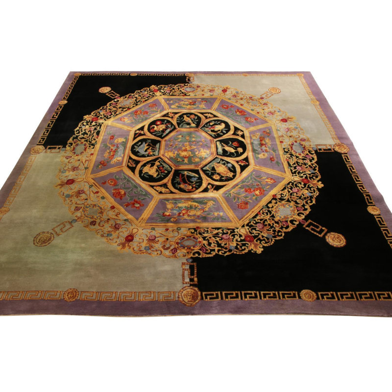 Wool Oriental Area Rug in Black, Gold, Green, Purple