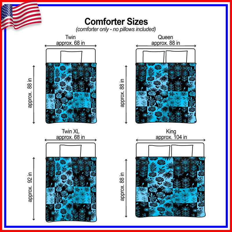 Blue Black Floral Pattern Comforter, Queen