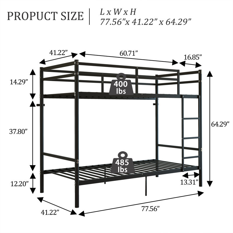 Lit superposé double en métal robuste Emerson avec barrières de sécurité hautes, barres transversales de 19 pouces et espace de rangement pour enfants, adolescents et adultes.