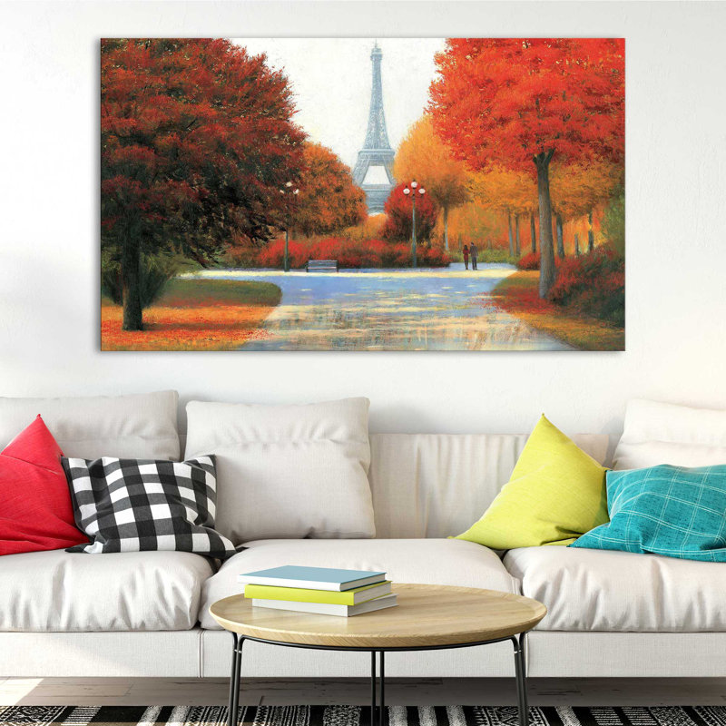 Automne à Paris en couple - Peinture, Toile tendue, H 24 po x l 40 po x P 1,5 po
