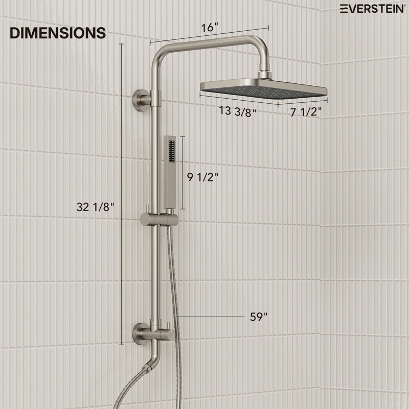 Wall Mount Rainfall Shower System, Dual‑Function Shower Head with Slide Bar, Handheld Shower, Brushed Nickel