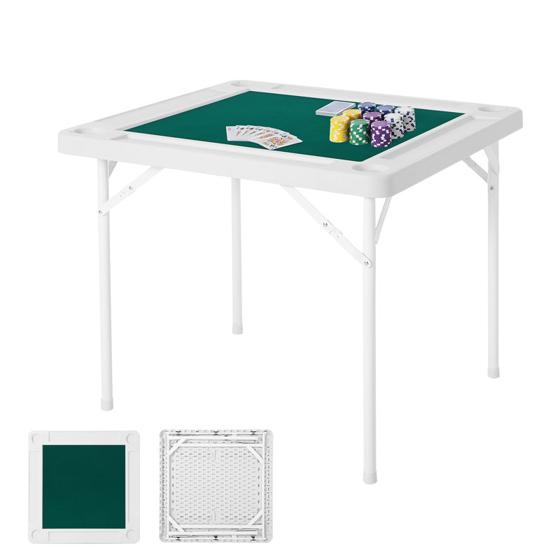 35" Folding Mahjong Table for 4 Players, Square Portable Game & Card Table - Removable Green Mat, HDPE Top, Metal Legs - 4 Cup Holders & Chip Trays