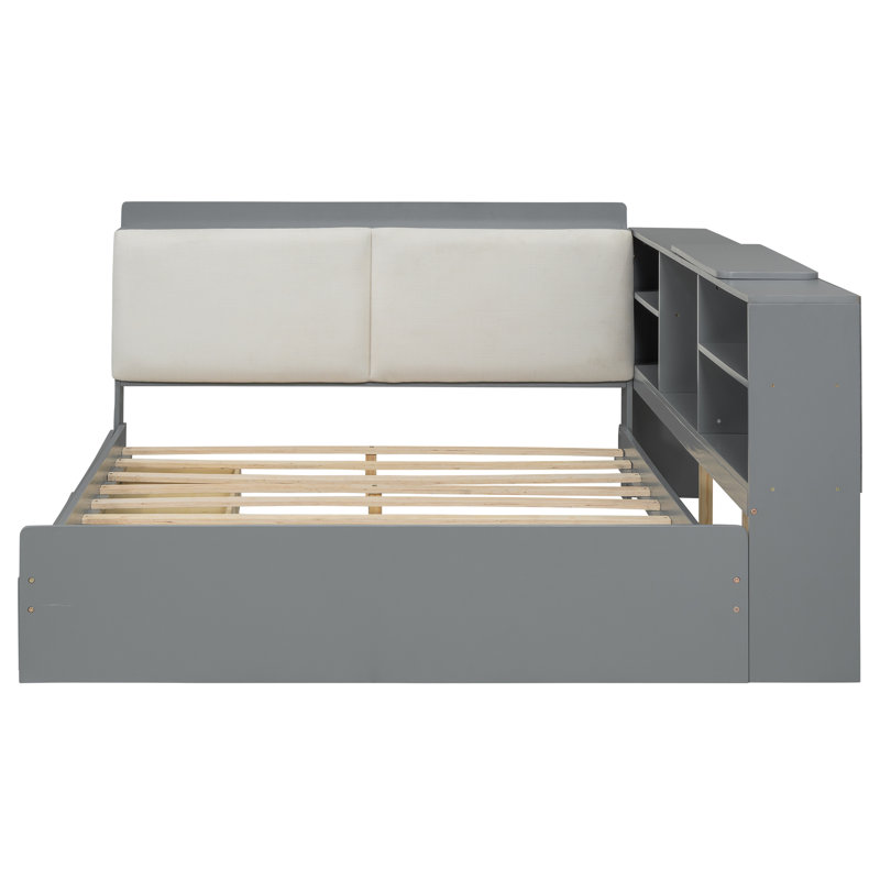 Wood platform bed with Storage Headboard,, Gray