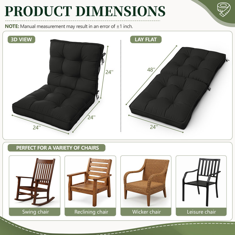 Outdoor Cushions 24X24 Indoor and Outdoor Seat/Back Cushion, Cushions Only（Set of 2）, 2, BLACK