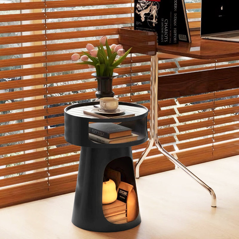 15.74 “ Wide Toughened Glass Round End Table, Pet-Friendly Side Table, Black Steel Bedside Table.
