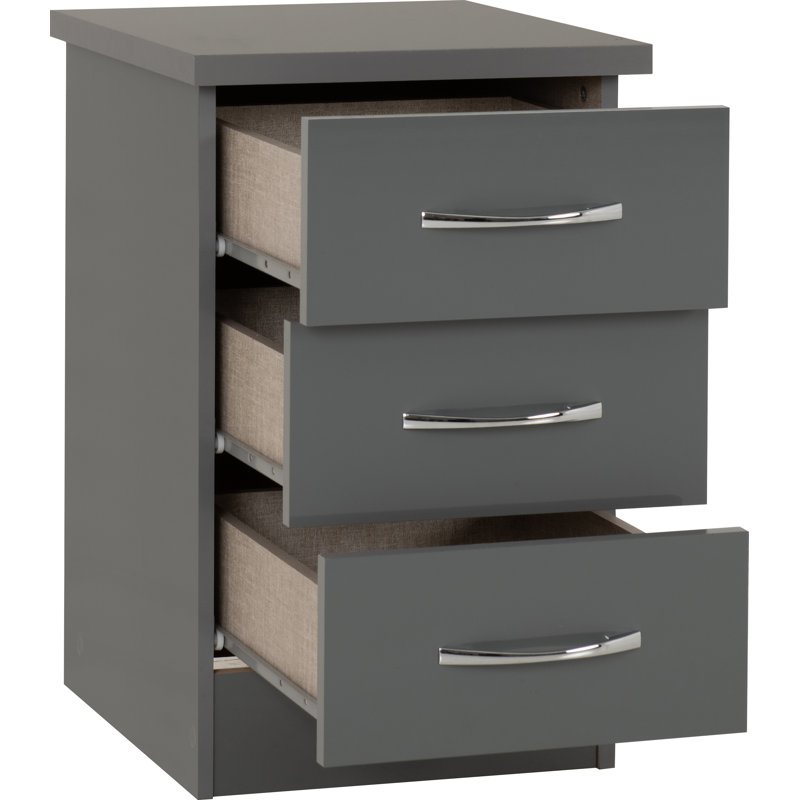 Cascio 3 Drawer Bedside Table, Gloss Grey