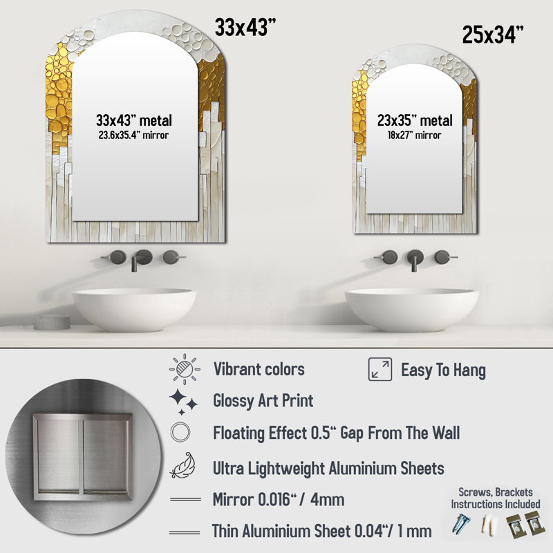 Biochemistry Of Golden Pure Balance I - Liquid Ink Asymmetrical Decorative Mirror, Modern Arch Wall Mirror, Printed Metal Art