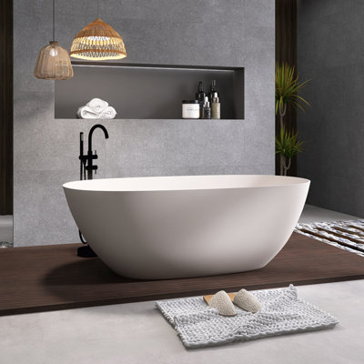 65'' Modern Freestanding Bathtub Resin Stone Soaking Bathtub Solid Surface Tubs With Overflow And Pop-Up Drain
