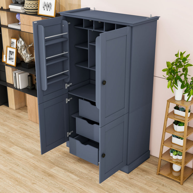 Armoire de cuisine autoportante avec 4 portes, 3 tiroirs et 6 tablettes de porte, Blue