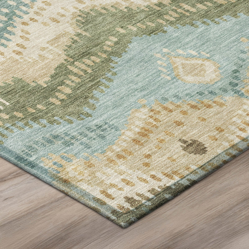 Tapis ikat intérieur / extérieur lavable à la machine Shuana ACN3074, Turquoise, 5 pi x 7 pi 6 po